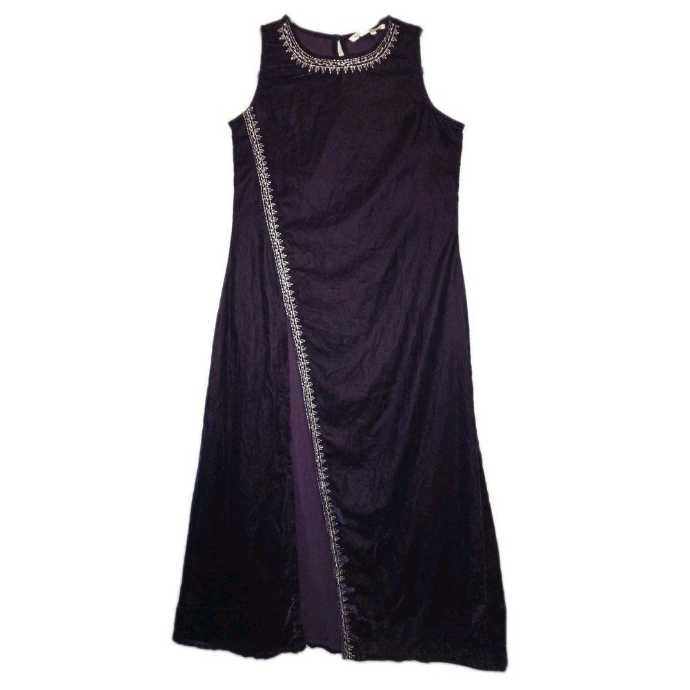 Embroidered Purple Velvet Maxi Dress Womens Small Faux-Wrap High Slit Whimsigoth